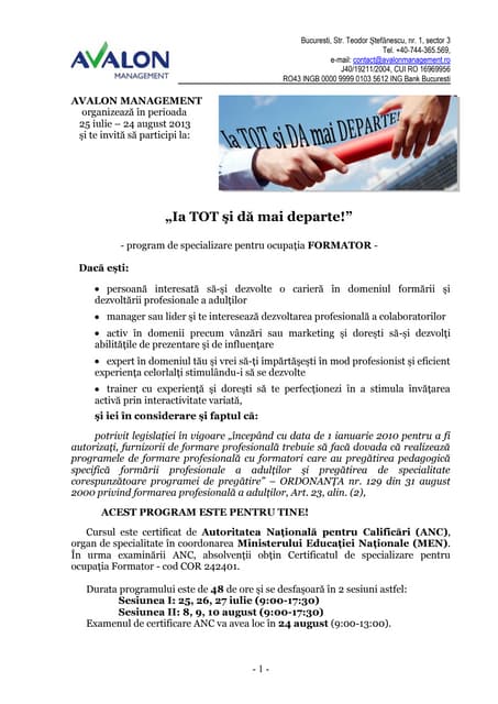 Program De Specializare Pentru Ocupatia De Formator Cod Cor 242401