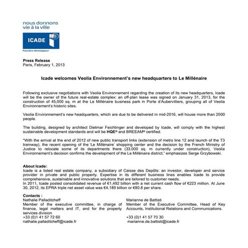 PR Icade signs a befa with Veolia environnement 1st february 2013