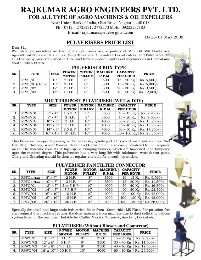 price list of pulverisers kandap machine sevai m making a price list