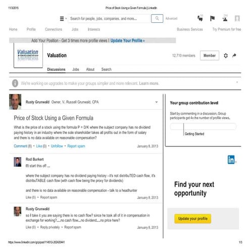 Price of stock using a given formula   linked in