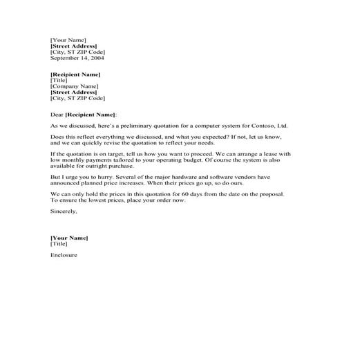 Price quote on goods and installation