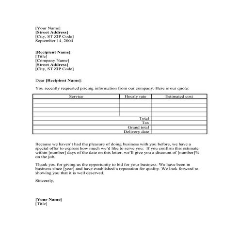 Price quote on services to new customer