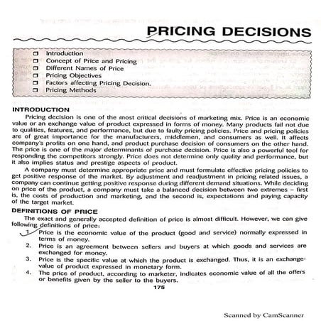 Pricing decisions: objectives and strategies-methods of pricing