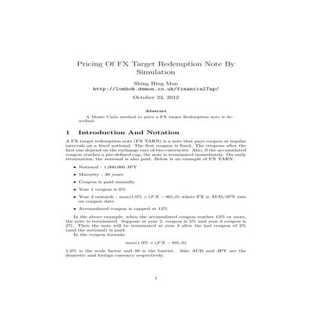 Pricing of fx target redemption note by simulation