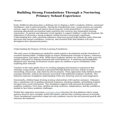 Building Strong Foundations Through a Nurturing Primary School Experience