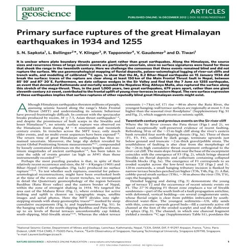 Primary surface ruptures of the great Himalayan earthquakes in 1934 and 1255