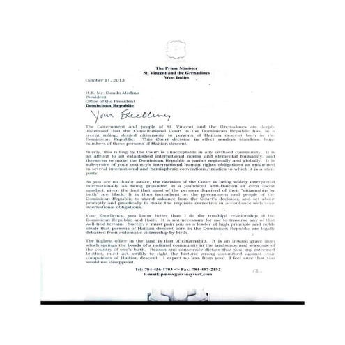 LETTER OF PRIME MINISTER RALPH E. GONSALVES TO PRESIDENT DANILO MEDINA