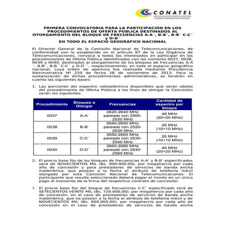 Oferta Publica de Espectro Venezuela CONATEL I