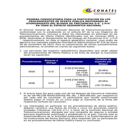 Oferta Publica de Espectro Venezuela CONATEL II
