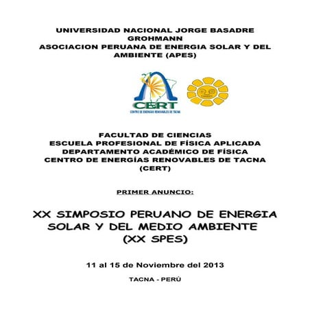 XX SIMPOSIO DE ENERGÍA SOLAR Y DEL MEDIO AMBIENTE (XX SPES), del 11 al 15 de ...