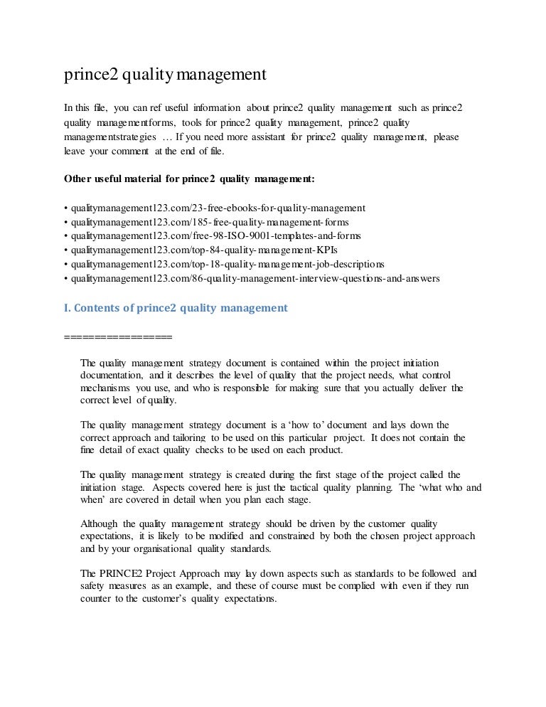 Prince2 Quality Management Strategy Example – SQPSFS