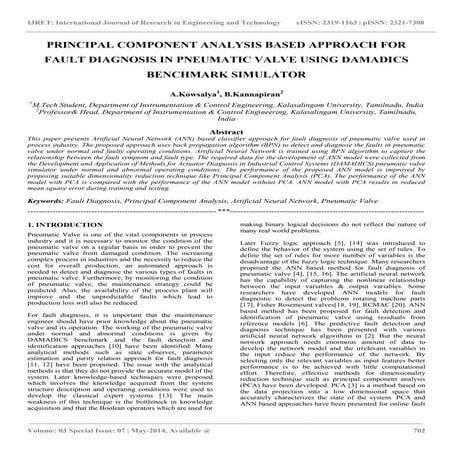 Principal component analysis based approach for fault diagnosis in pneumatic ...