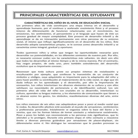 Principales caracteristicas de los niños por nivel