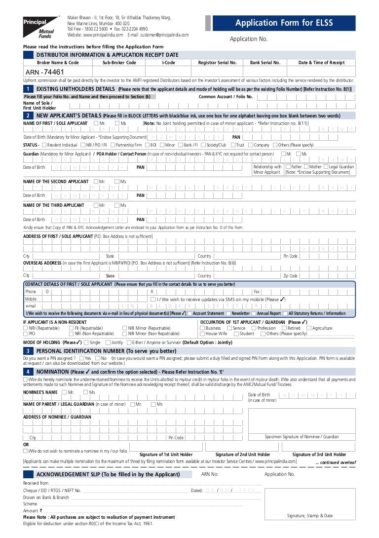 Principal Mutual Fund Common Application Form Elss Funds With Kim