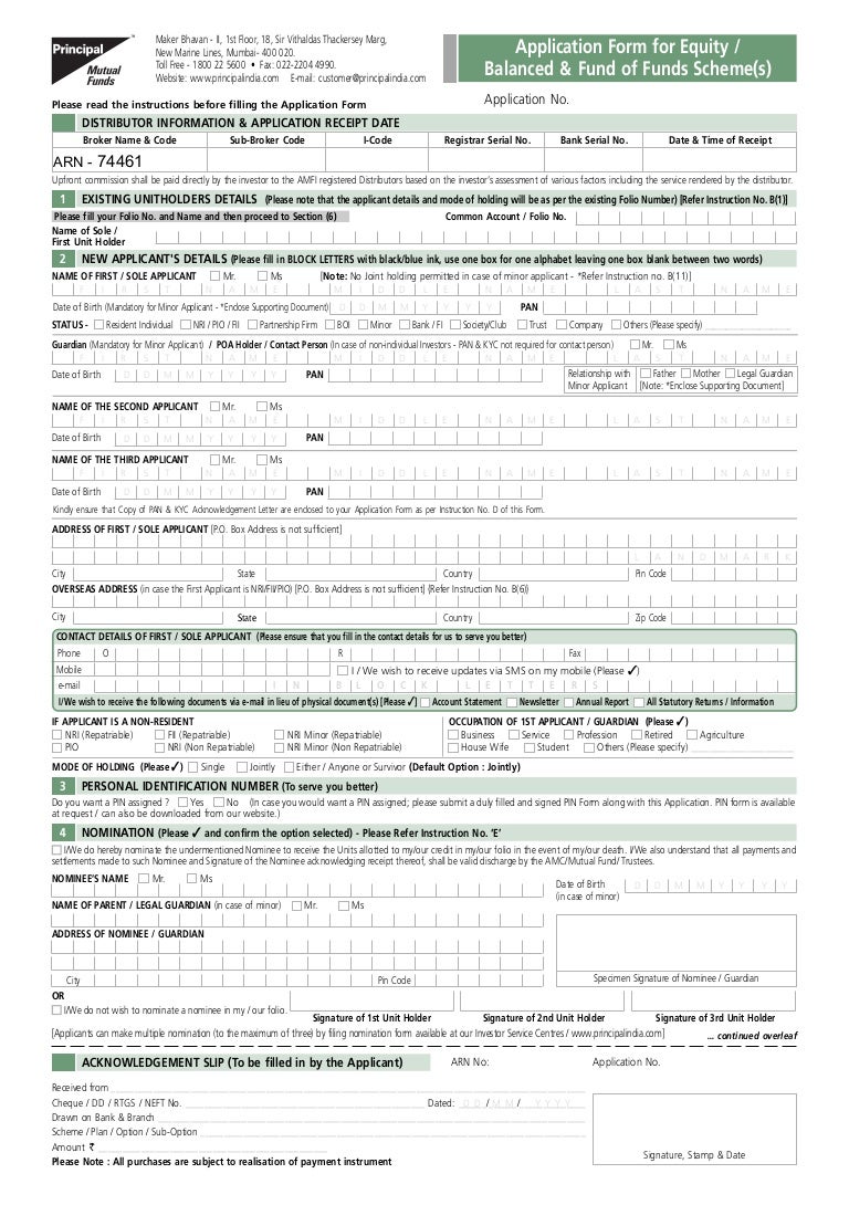 Principal Mutual Fund Common Application Form With Kim