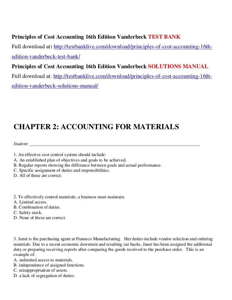 Cost accounting assignment material chapter 1 test