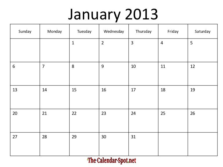 Printable Blank PDF January 2013 Calendar