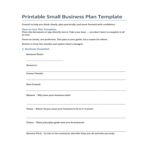 Printable Small Business Plan Template for Owners and Entrepreneurs