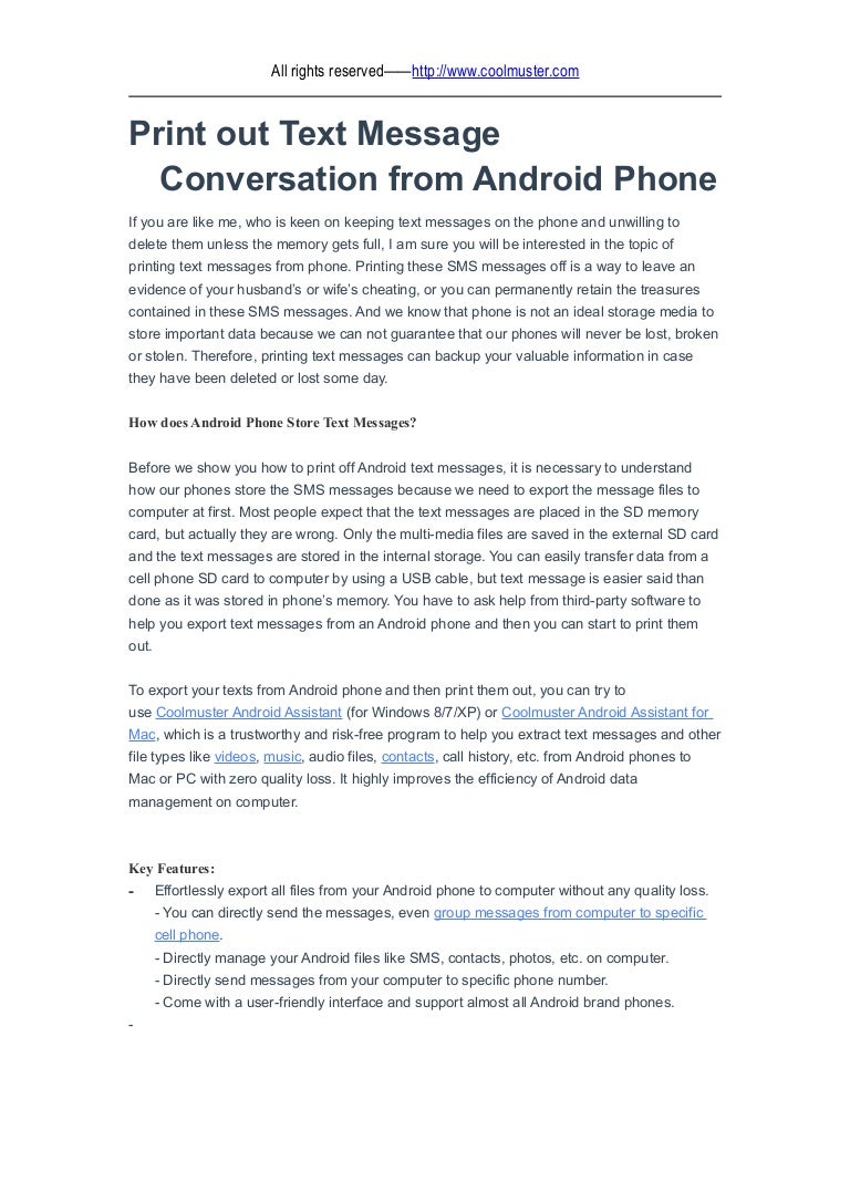 Print out text message conversation from android phone
