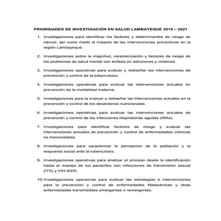 Prioridades de investigación Lambayeque 2015-2021