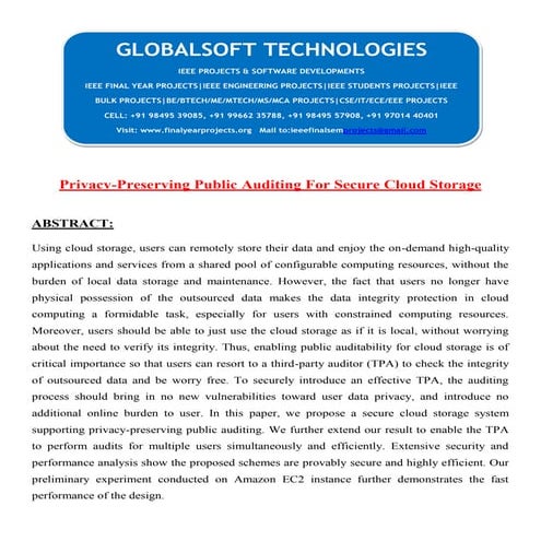 DOTNET 2013 IEEE CLOUDCOMPUTING PROJECT Privacy preserving public auditing fo...