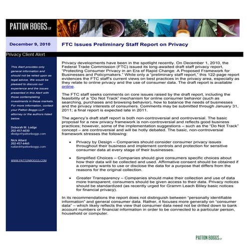 Privacy Client Alert: FTC Issues Preliminary Staff Report on Privacy 