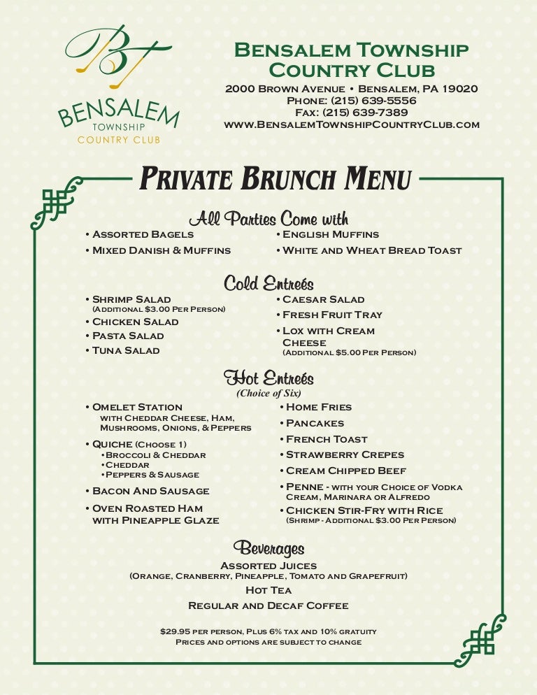 Private Brunch Menu By Bensalem Township Country Club
