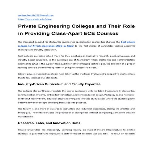 Private Engineering Colleges and Their Role in Providing Class-Apart ECE Courses
