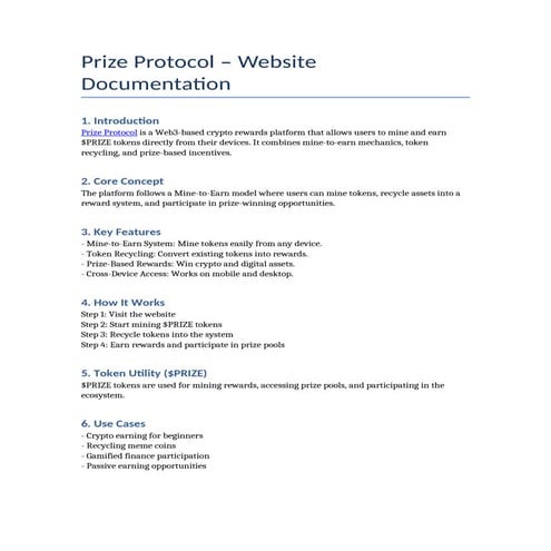 Prize Protocol – Website Documentation - Recycling meme coins | DOCX