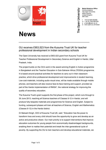 Pr kusuma trust donation to the ou 16 apr 2012