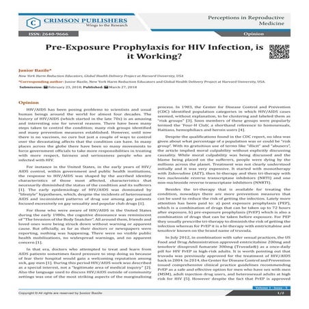 Crimson Publishers-Pre-Exposure Prophylaxis for HIV Infection, is it Working? 