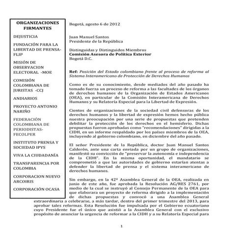 Preocupaciones de la posición de Colombia frente al proceso de reforma al SIDH