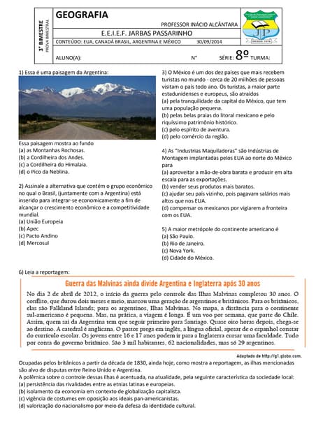 Prova Geografia 8º ano