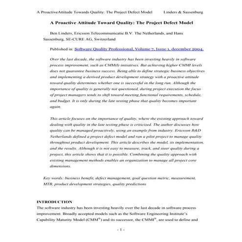 A Proactive Attitude Toward Quality: The Project Defect Model