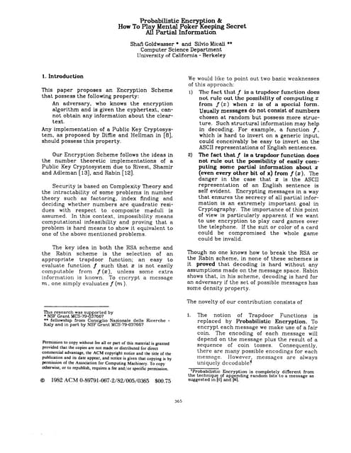 1982 - Probabilistic Encryption & How To Play Mental Poker Keeping Secret All...