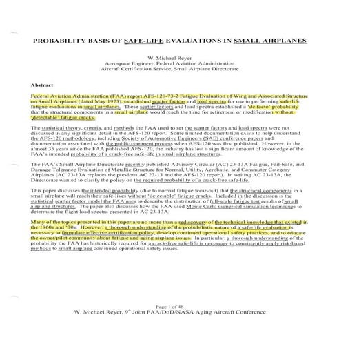 Probability basis of safe life evaluation in small airplanes by w. michael reyer