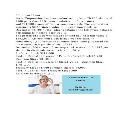 Problem 13-6AIrwin Corporation has been authorized to issue 20,80.docx