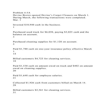 Problem 4-5ADevine Brown opened Devine’s Carpet Cleaners on March .docx