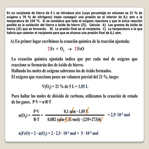 Problema de reacción química oxidación recipiente de hierro