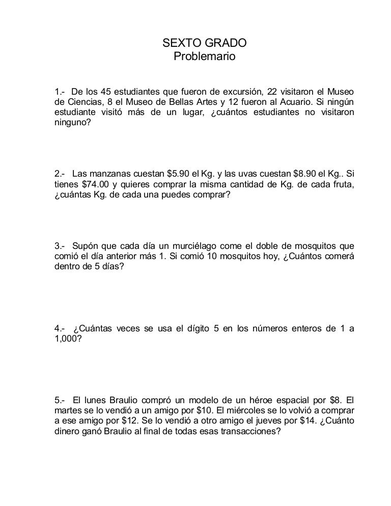 Problemario sexto grado