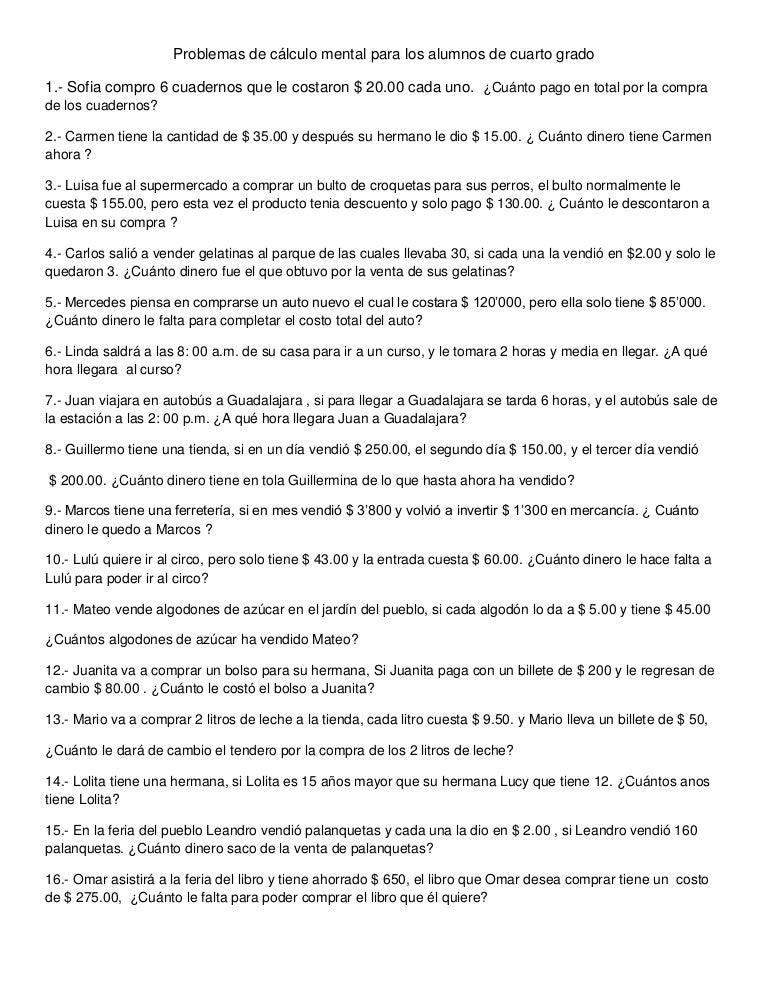 Problemas de cálculo mental para los alumnos de cuarto grado Problemas de cálculo mental para los alumnos de cuarto grado