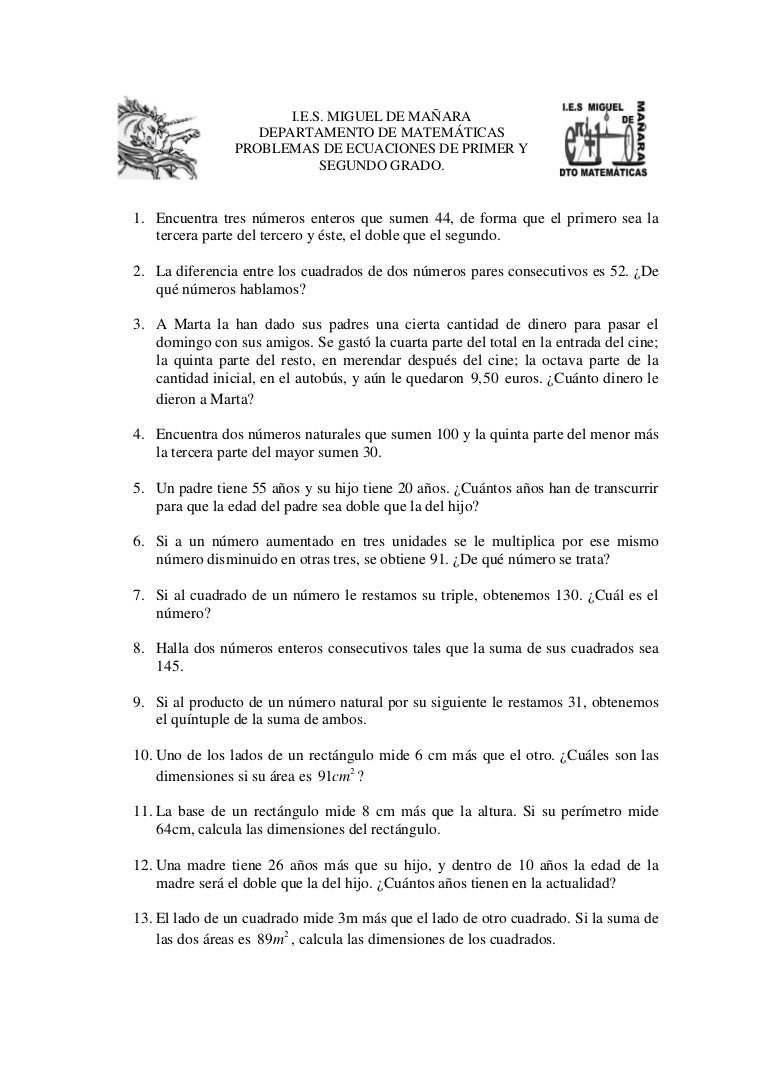 El Doble De La Diferencia De Dos Números Problemas de ecuaciones de primer y segundo grado.
