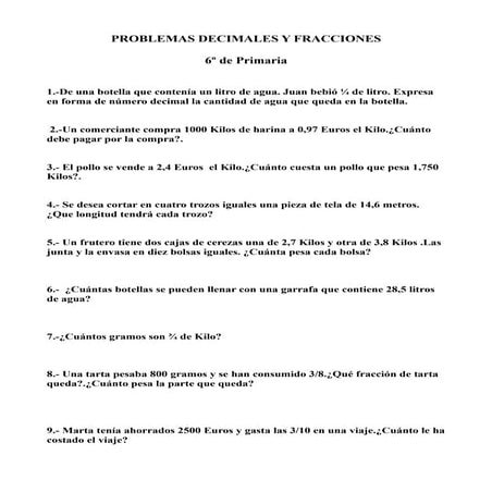Problemas de matematicas  decimales y fracciones 6º de primaria