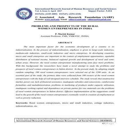 Problems and prospects of the rural women entrepreneurs in india | PDF
