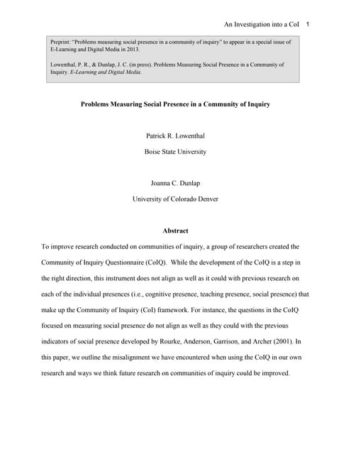 Problems Measuring Social Presence in a Community of Inquiry