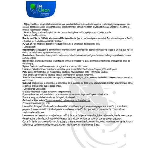 PROCEDIMIENTO DE LAVADO Y DESINFECCION CANECAS Y CENTRO DE ACOPIO DE RESIDUOS...