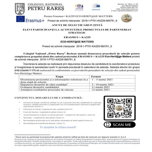 Apel de selecție elevi - Eco-Herit@ge Matters (2021)