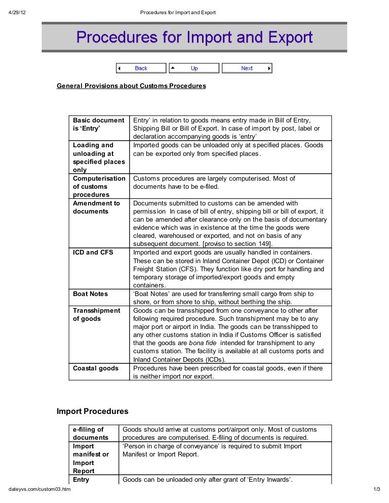 Procedures for import and export