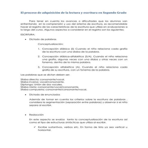 NIVELES DE CONCEPTUALIZACION DE LECTO ESCRITURA. SEGUNDO GRADO