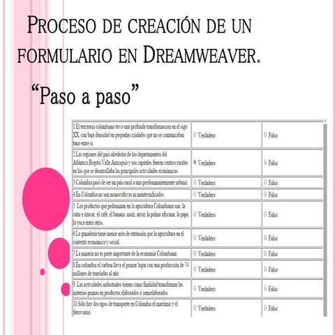 Proceso de creación de un formulario en dreamweaver. 